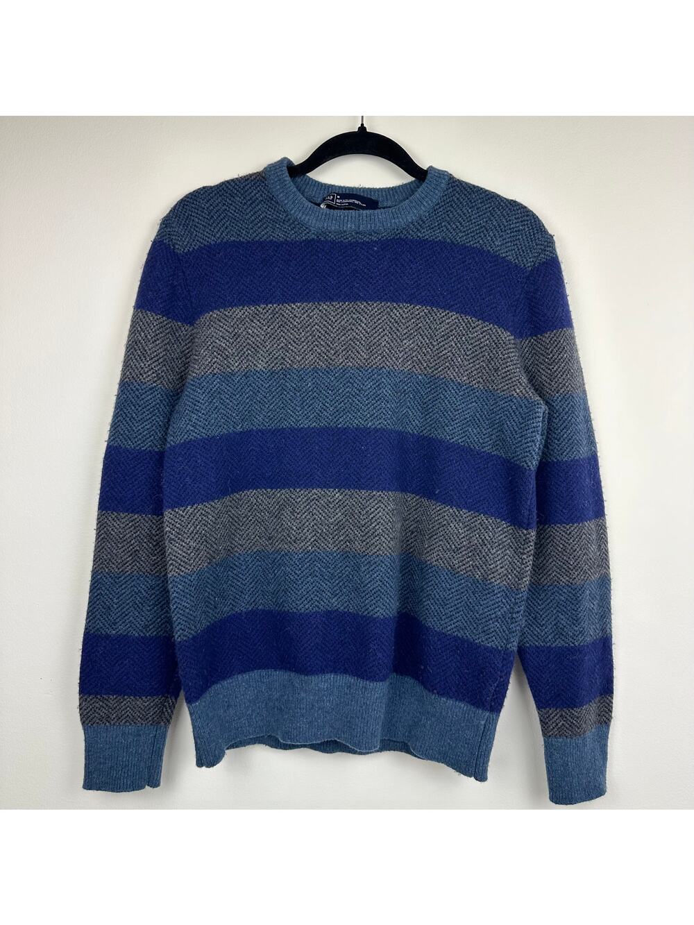 Gap Mens Herringbone Stripe Long Sleeve Lambswool Blend Blue/Grey Sweater Medium
